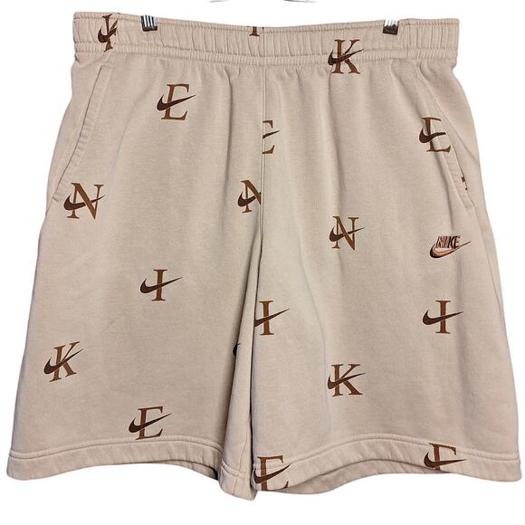Nike men's XL club fleece shorts khaki tan all over logo print sweatshorts soft - Picture 1 of 4
